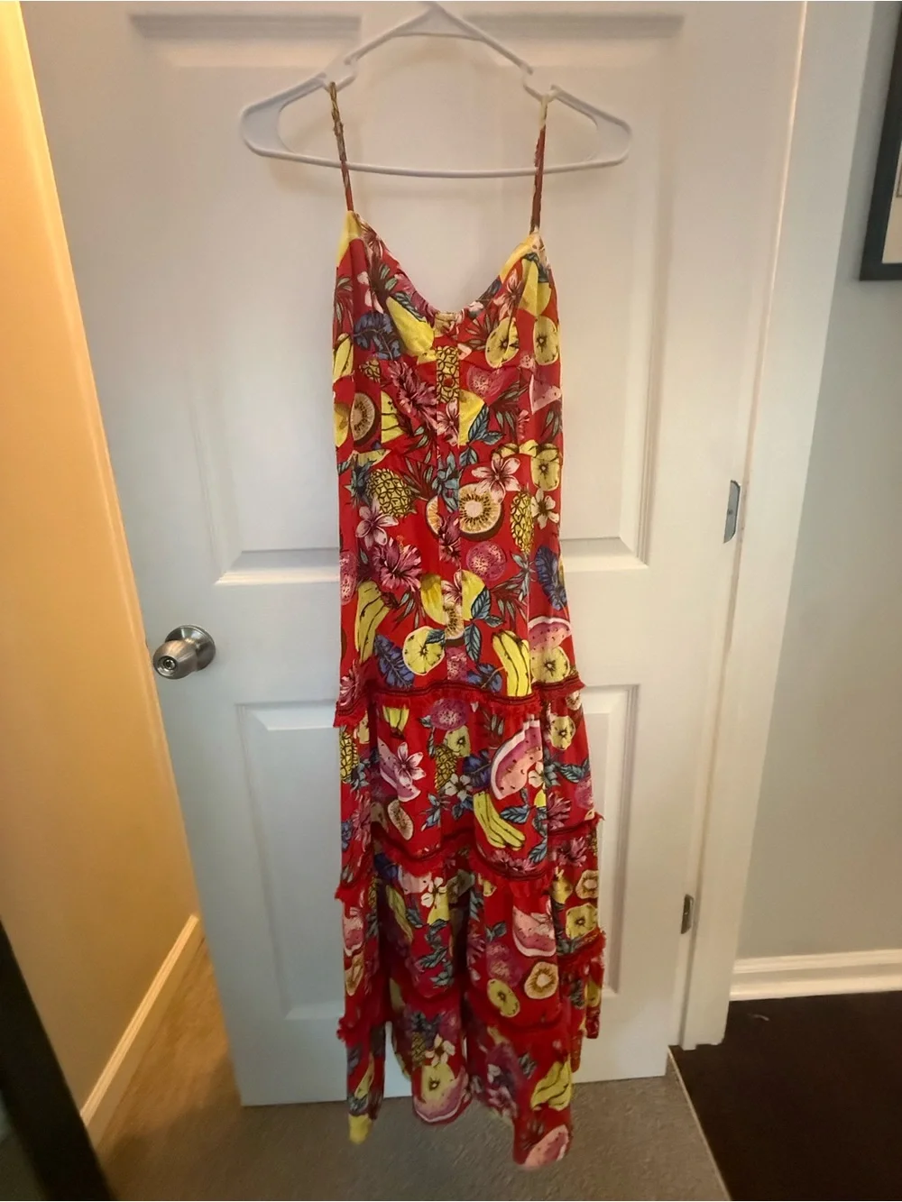 Aqua Red Tropical Fruit Tiered Maxi Dress